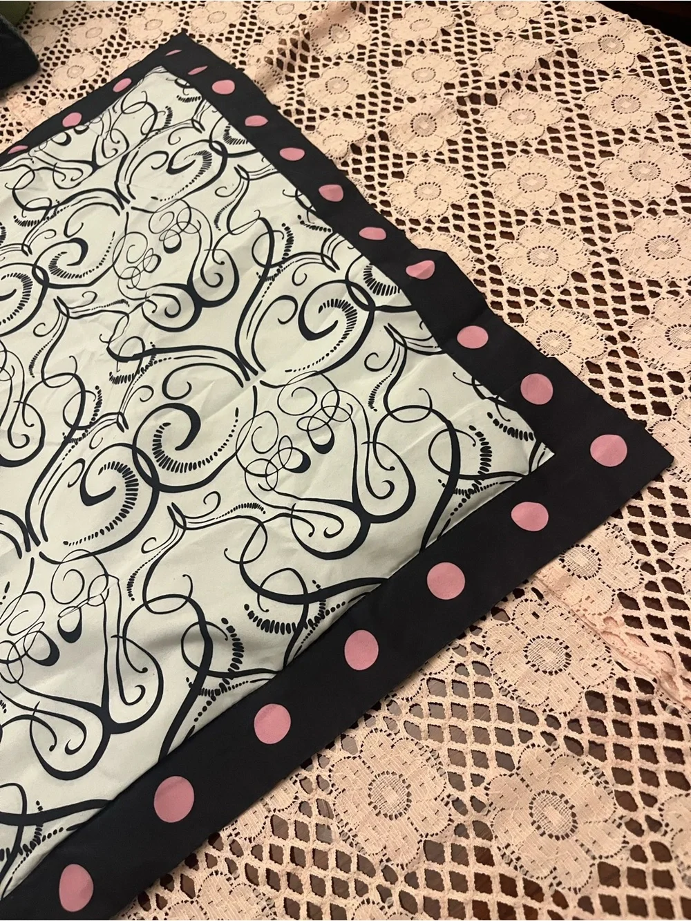 Black Scroll Pattern Square pillow sham with Pink Polka Dot Border